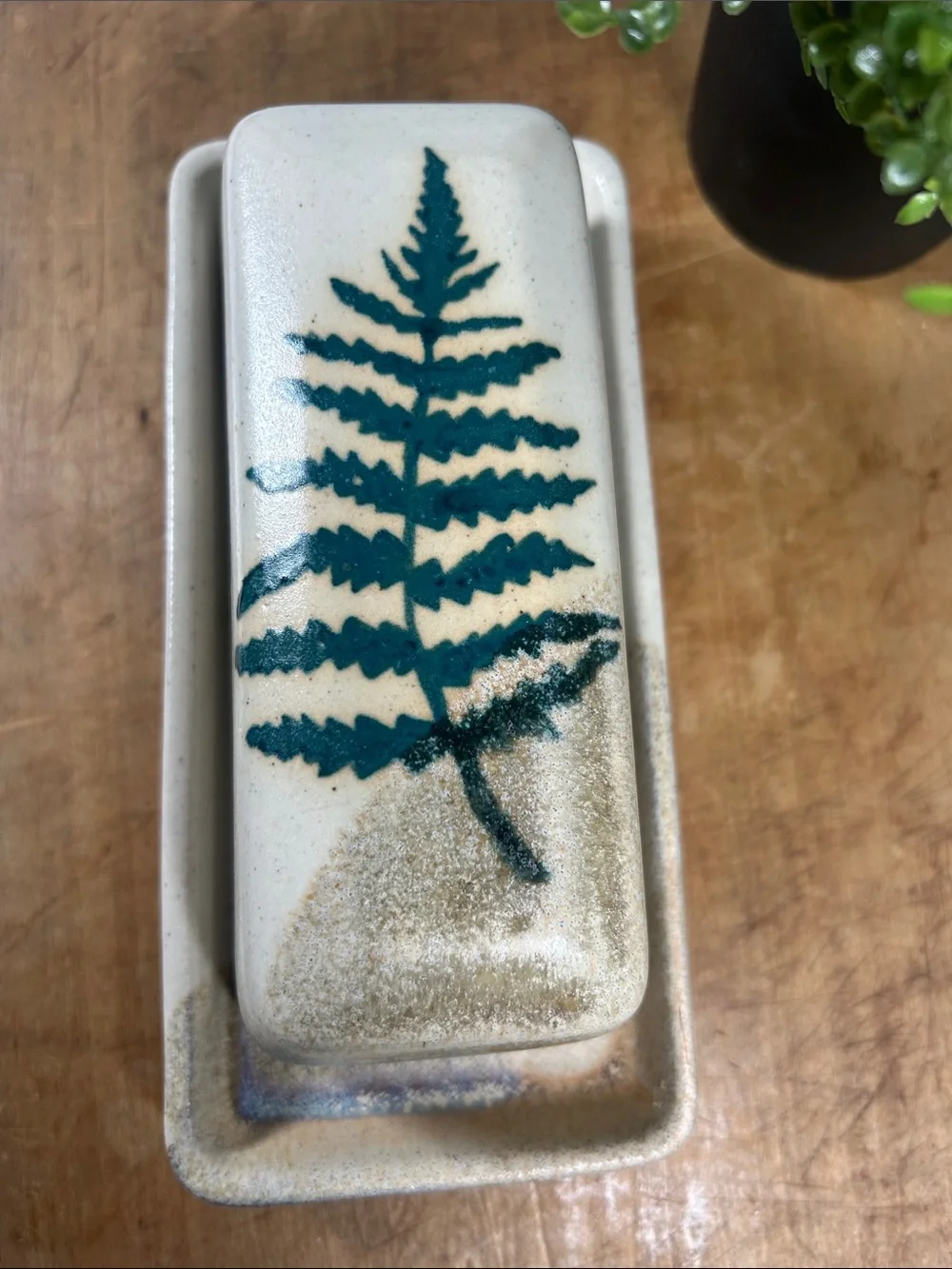 Stoneware Butter Dish Studio Pottery Handmade w/ Green Fern Motif Artist Signed